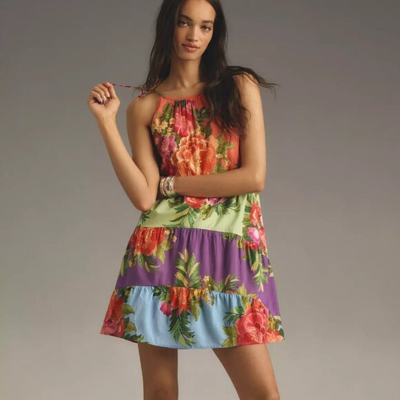 Farm Rio x Anthropologie Halter Floral Tiered Mini Dress Size XL Floral NWT - Picture 1 of 6